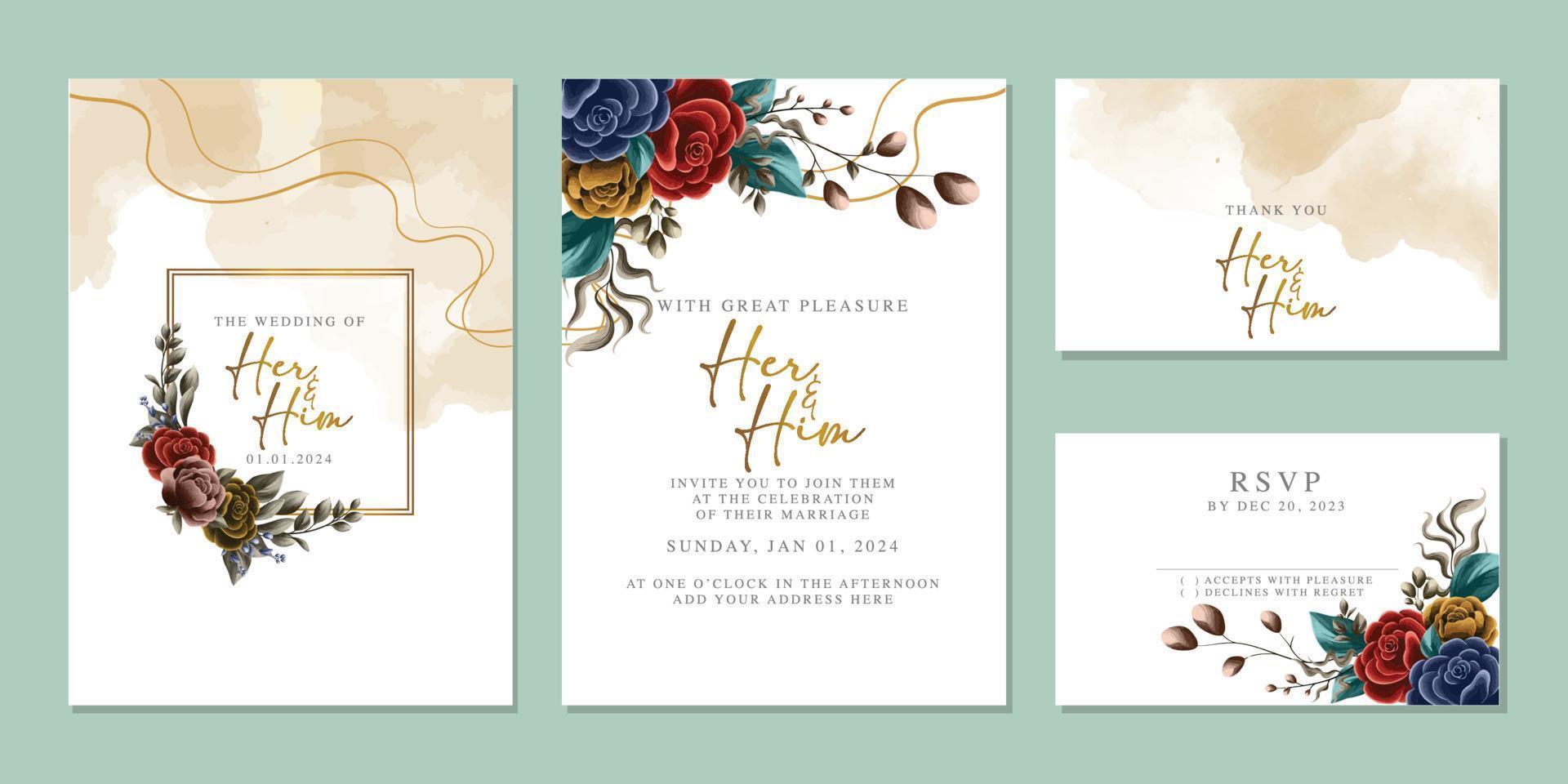 plantilla de fondo de tarjeta de invitación de boda de flores hermosas de lujo vector