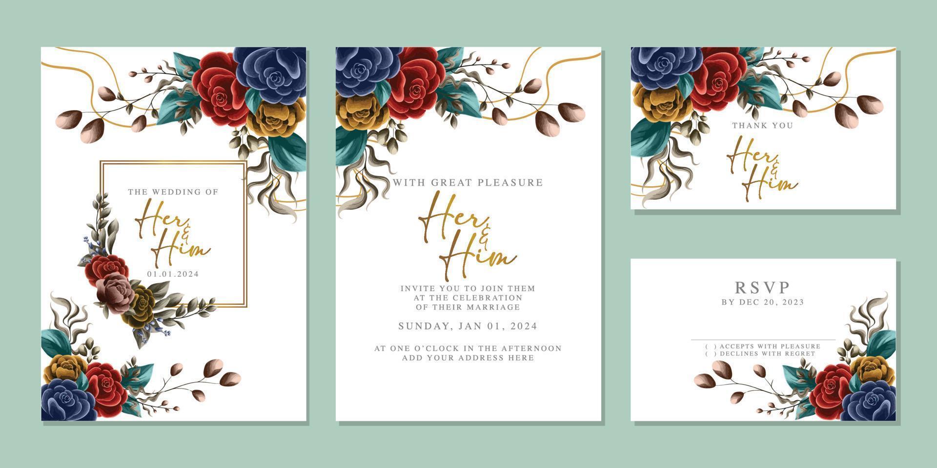 plantilla de fondo de tarjeta de invitación de boda de flores hermosas de lujo vector