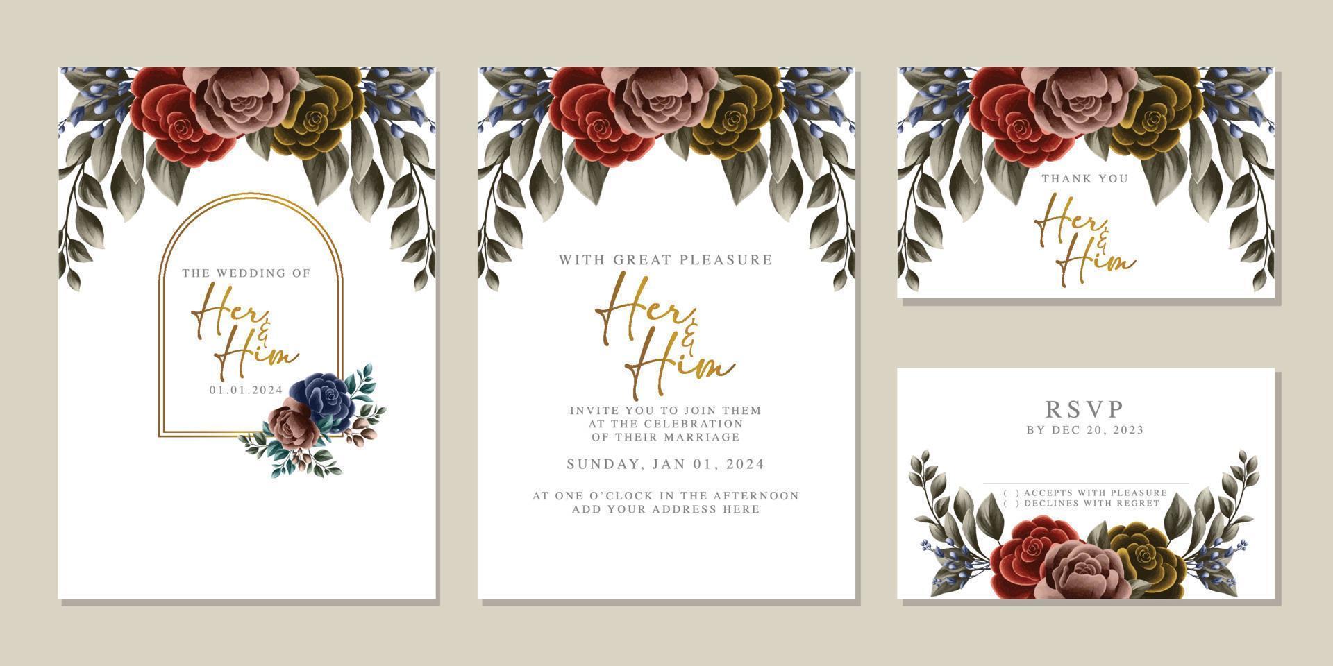 plantilla de fondo de tarjeta de invitación de boda de flores hermosas de lujo vector