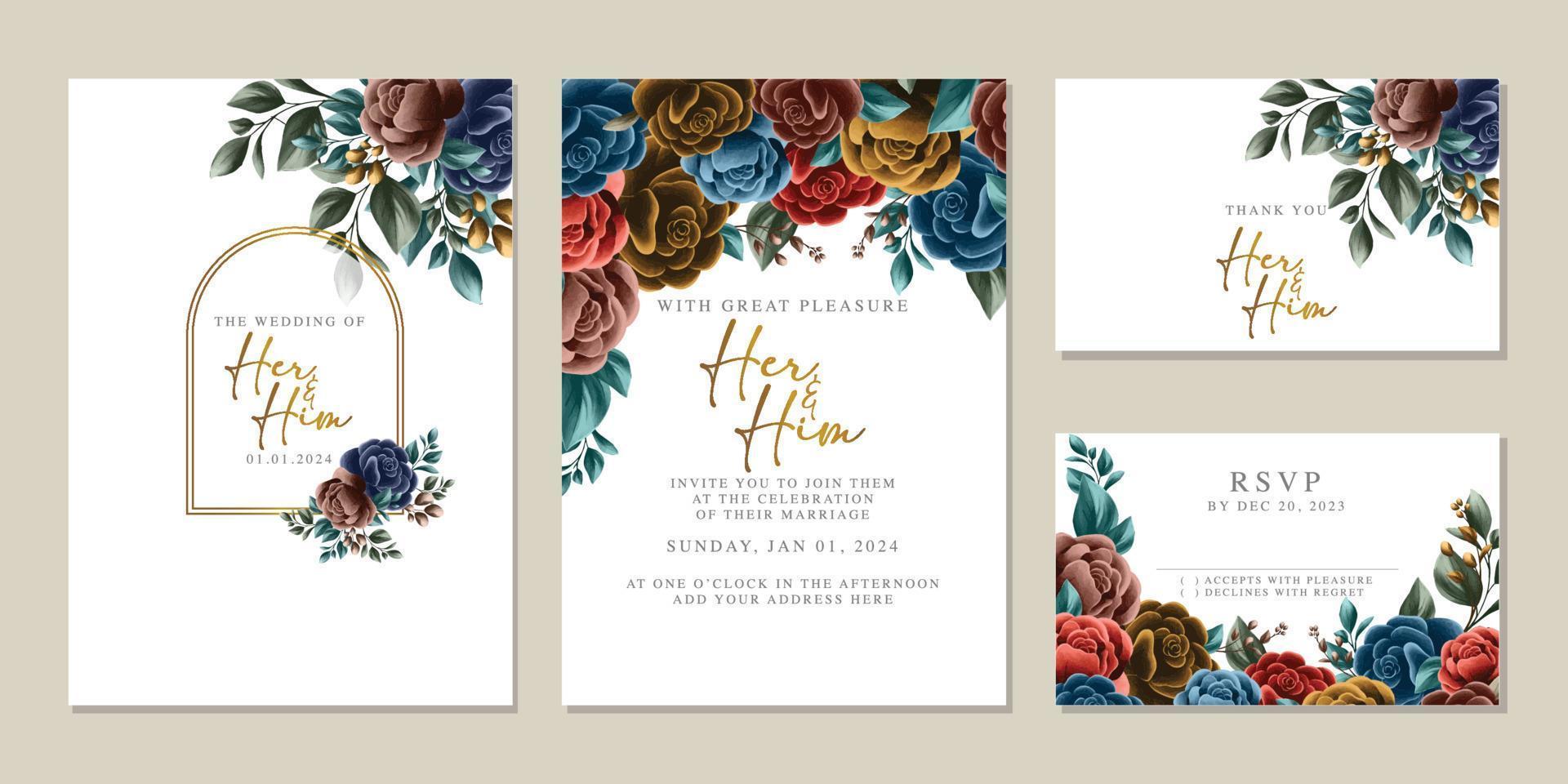 Luxury beautiful flowers wedding invitation card background template vector