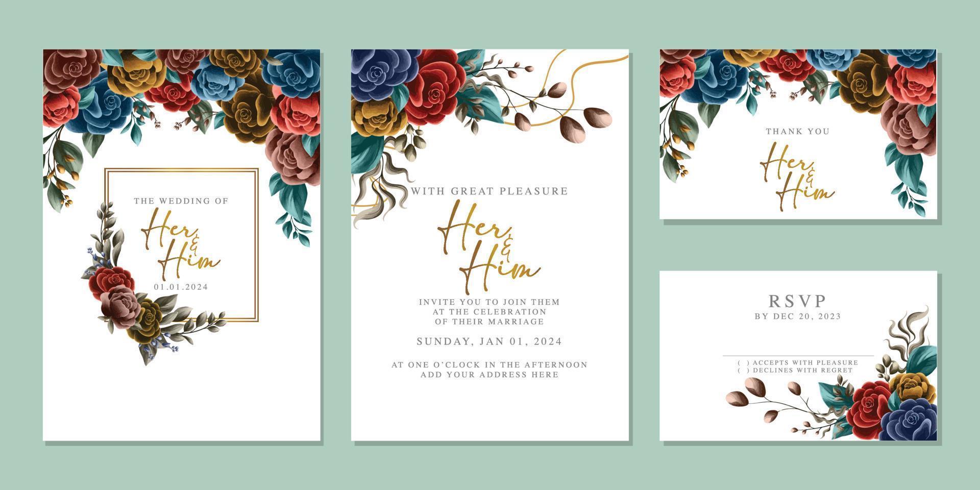 Luxury beautiful flowers wedding invitation card background template vector