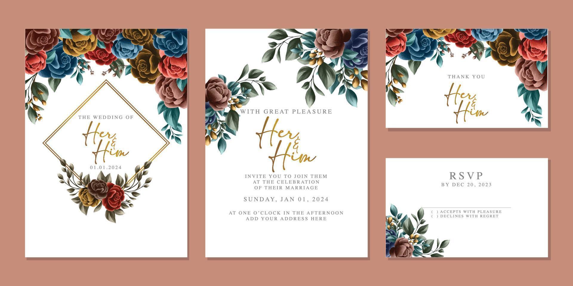 plantilla de fondo de tarjeta de invitación de boda de flores hermosas de lujo vector