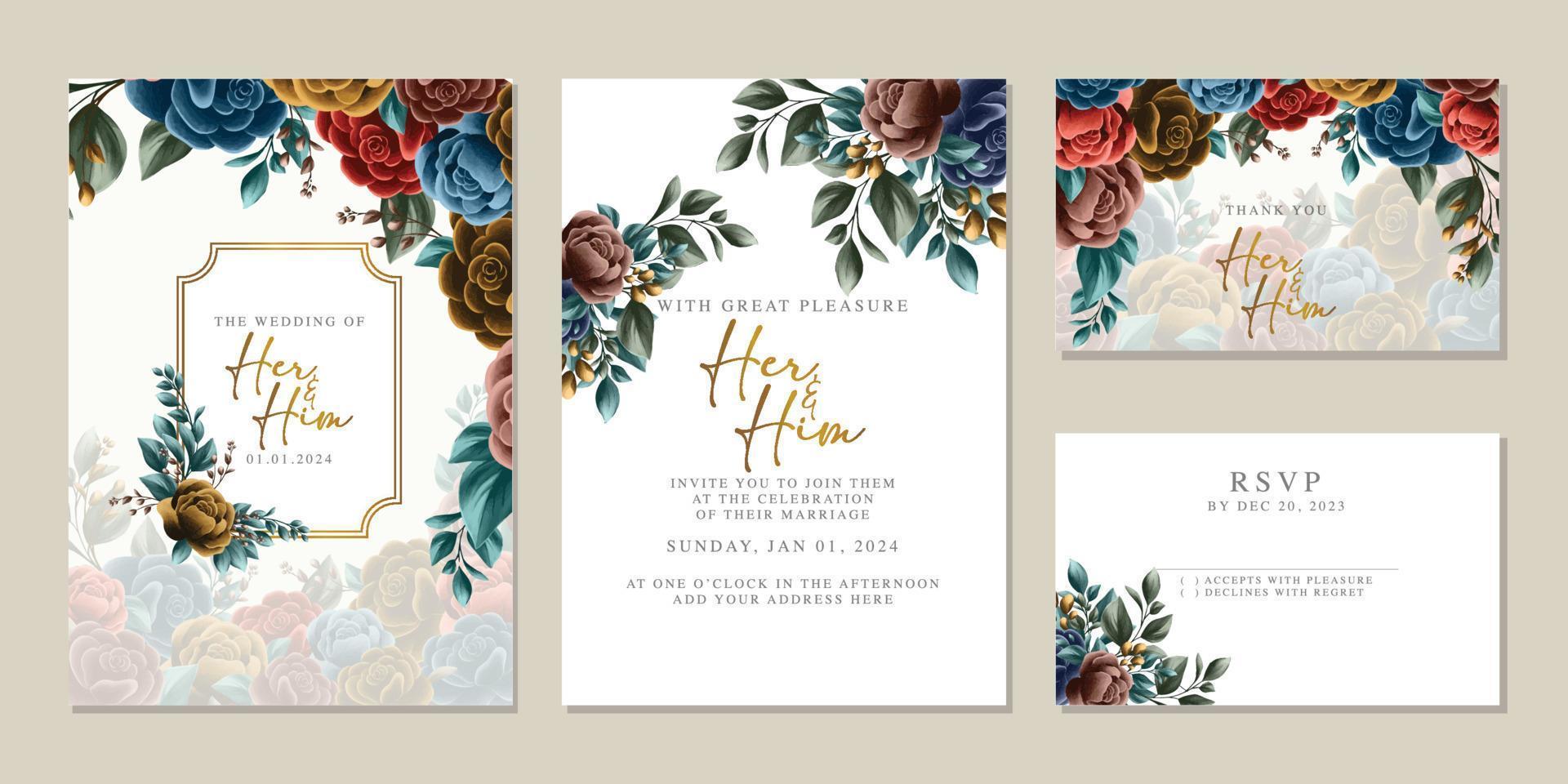 Luxury beautiful flowers wedding invitation card background template vector