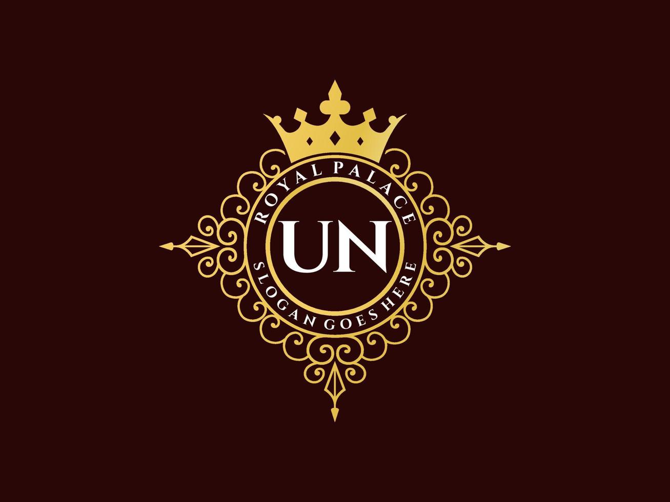 Letter UN Antique royal luxury victorian logo with ornamental frame. vector