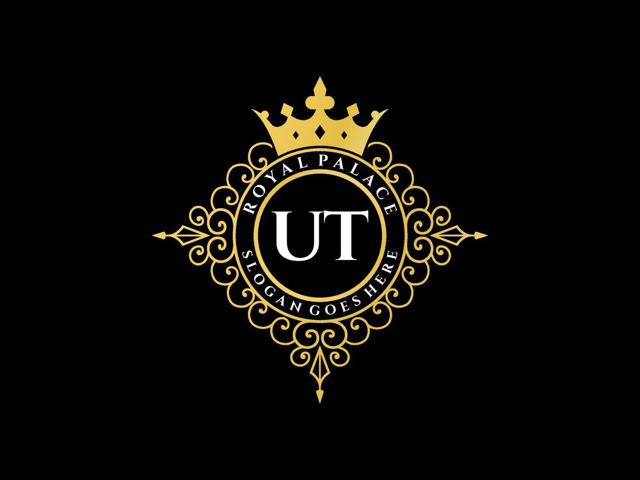 Letter UT Antique royal luxury victorian logo with ornamental frame. vector