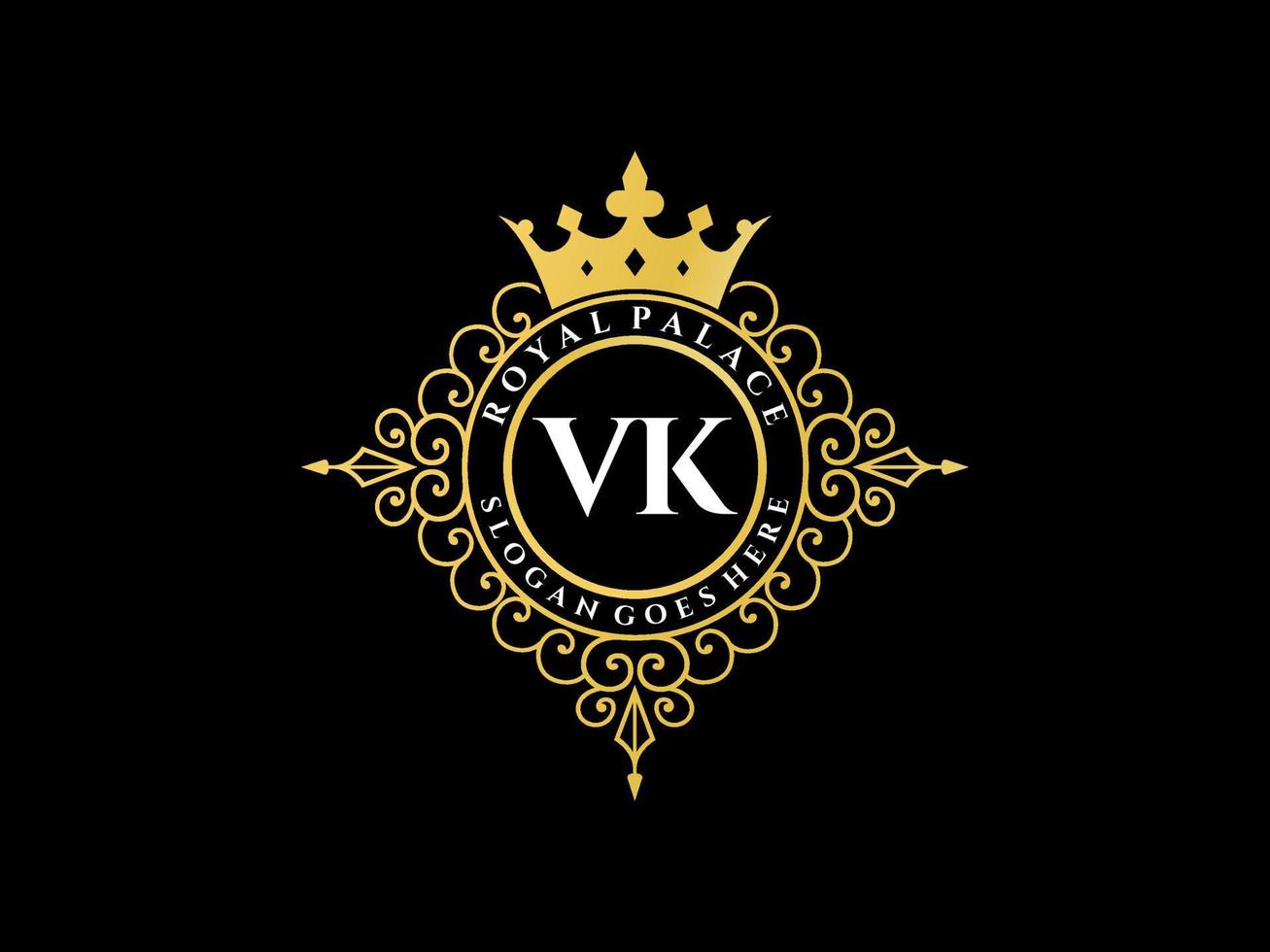 letra vk logotipo victoriano de lujo real antiguo con marco ornamental. vector