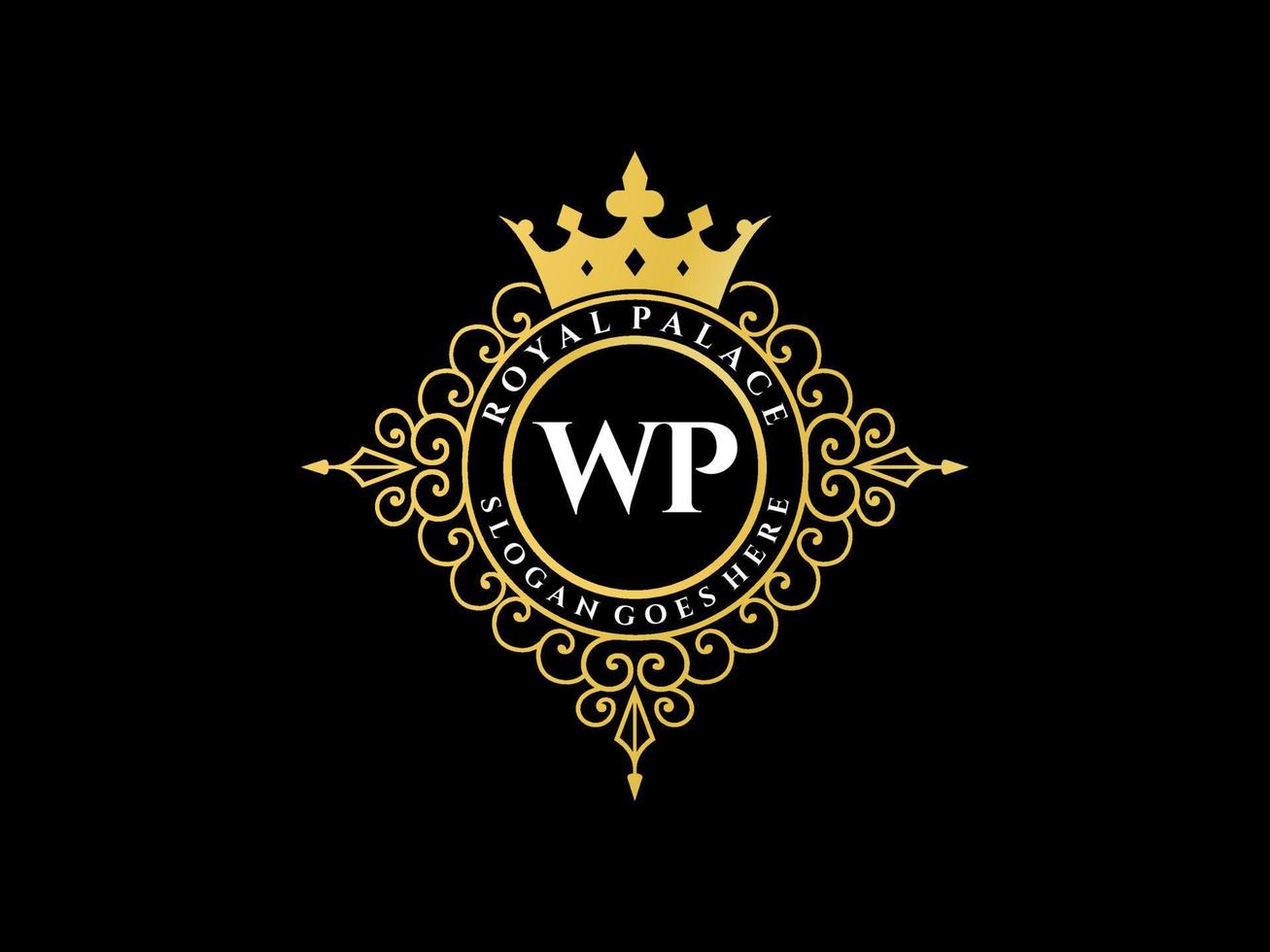 Letter WP Antique royal luxury victorian logo with ornamental frame. vector