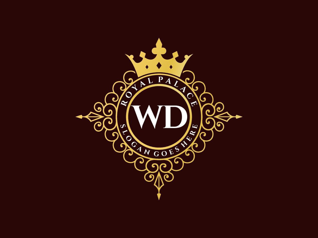 Letter WD Antique royal luxury victorian logo with ornamental frame. vector