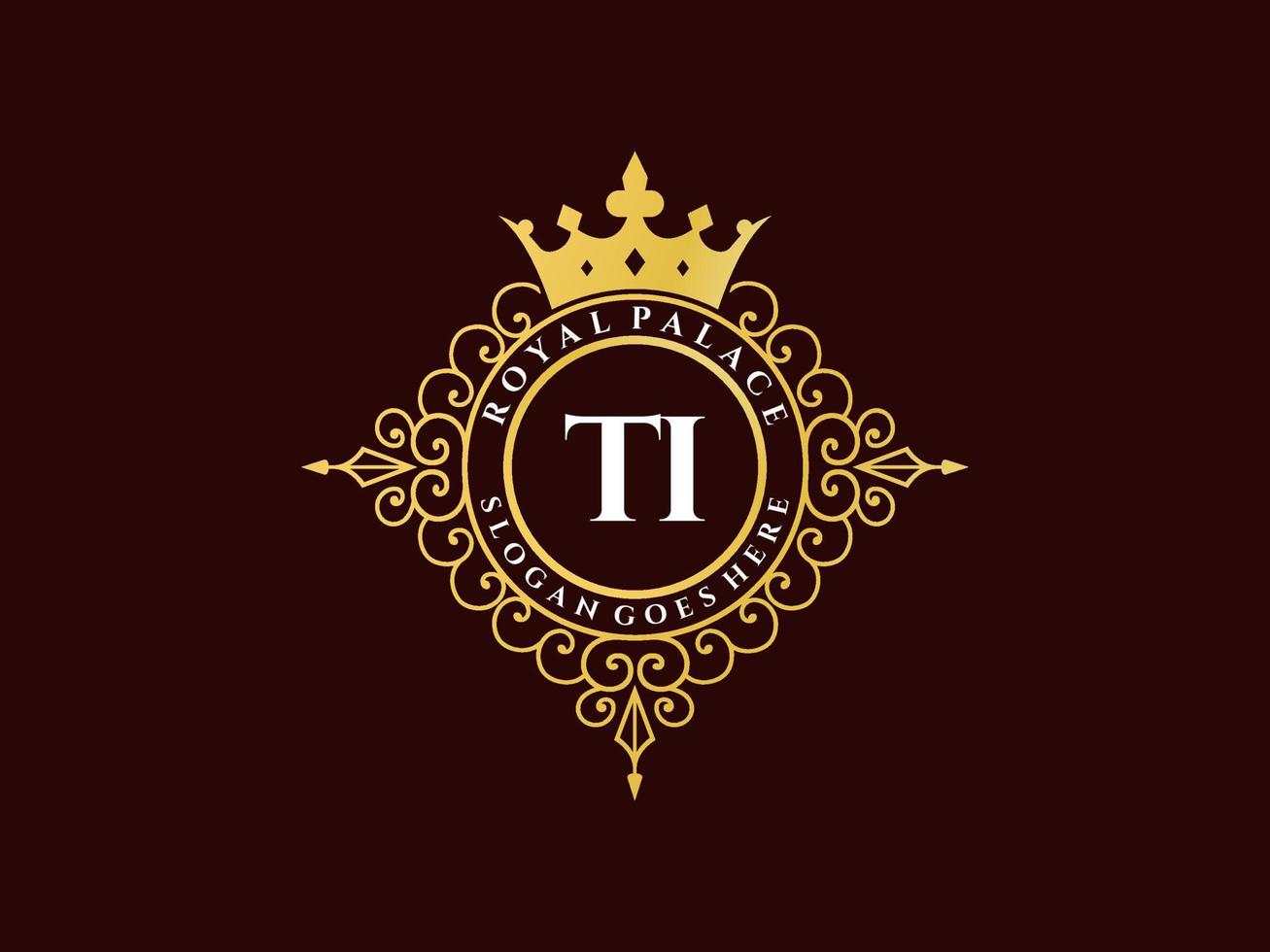 Letter TI Antique royal luxury victorian logo with ornamental frame. vector