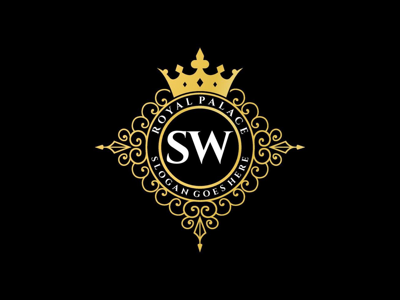 letra sw logotipo victoriano de lujo real antiguo con marco ornamental. vector