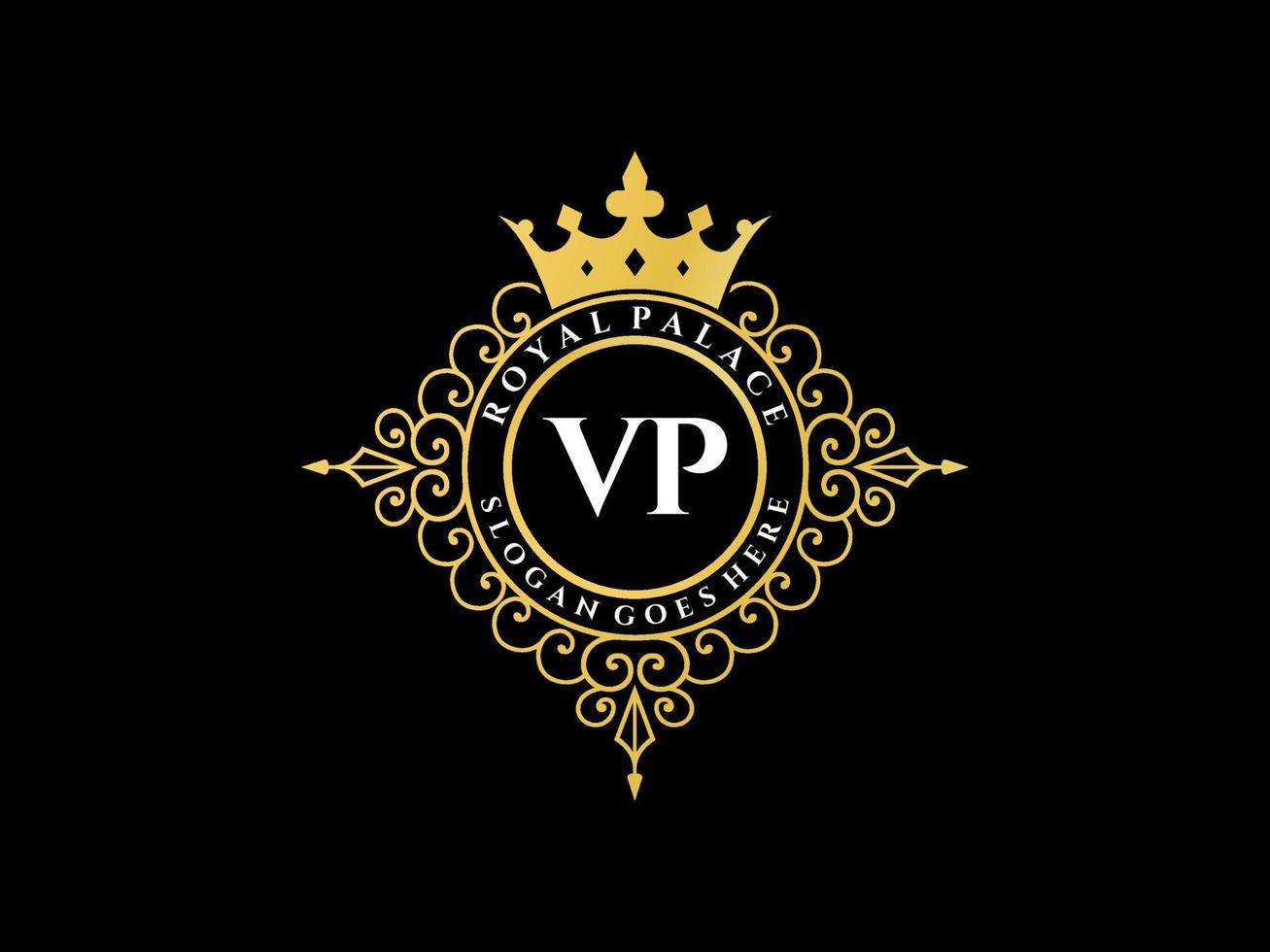 Letter VP Antique royal luxury victorian logo with ornamental frame. vector