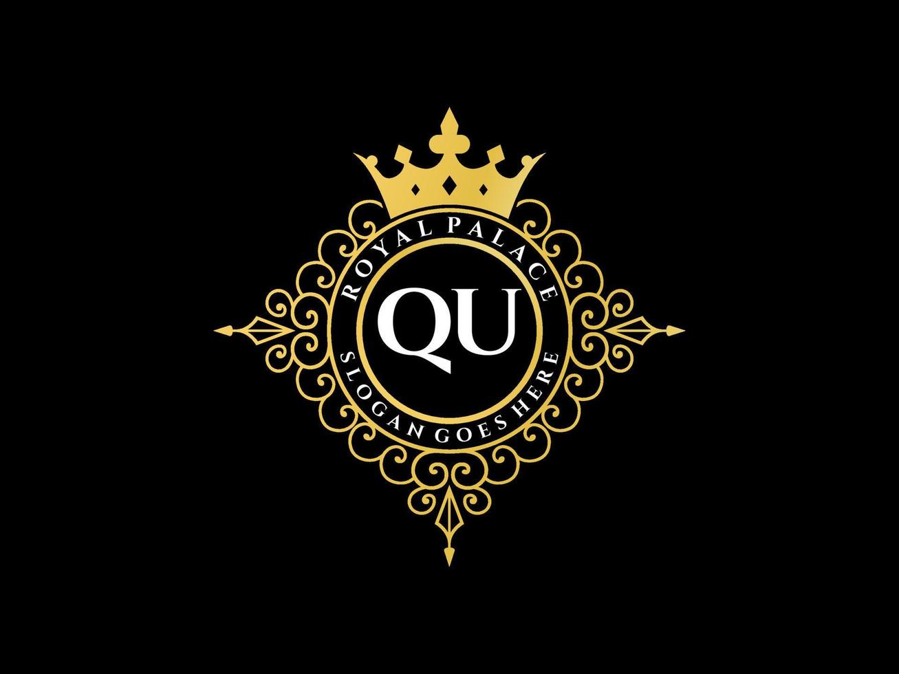 letra qu logotipo victoriano de lujo real antiguo con marco ornamental. vector