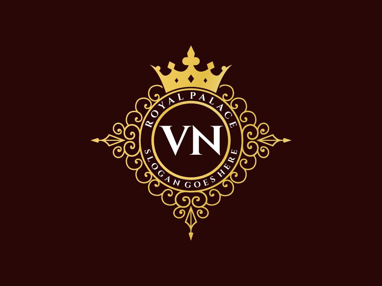 letra vn logotipo victoriano de lujo real antiguo con marco ornamental. vector