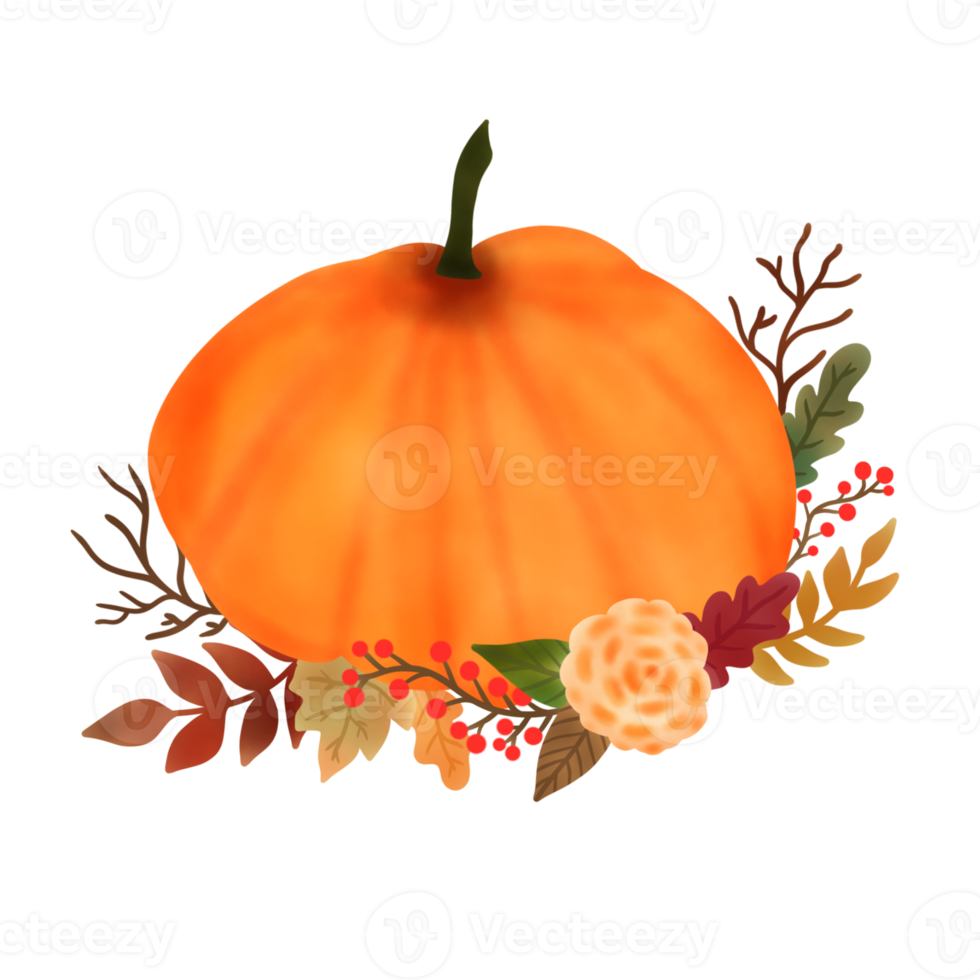 Watercolor pumpkin composition. Pumpkin with leaves isolated on white background. Design for Thanksgiving day,Halloween,greeting cards,poster and etc. png