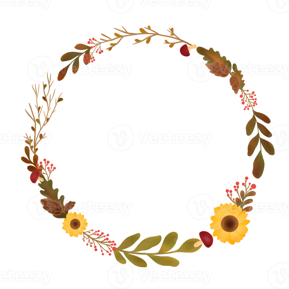 Autumn leaves wreath with sunflower,mushroom,fall leaves on white background. illustration. Hand drawn. Autumn season. png