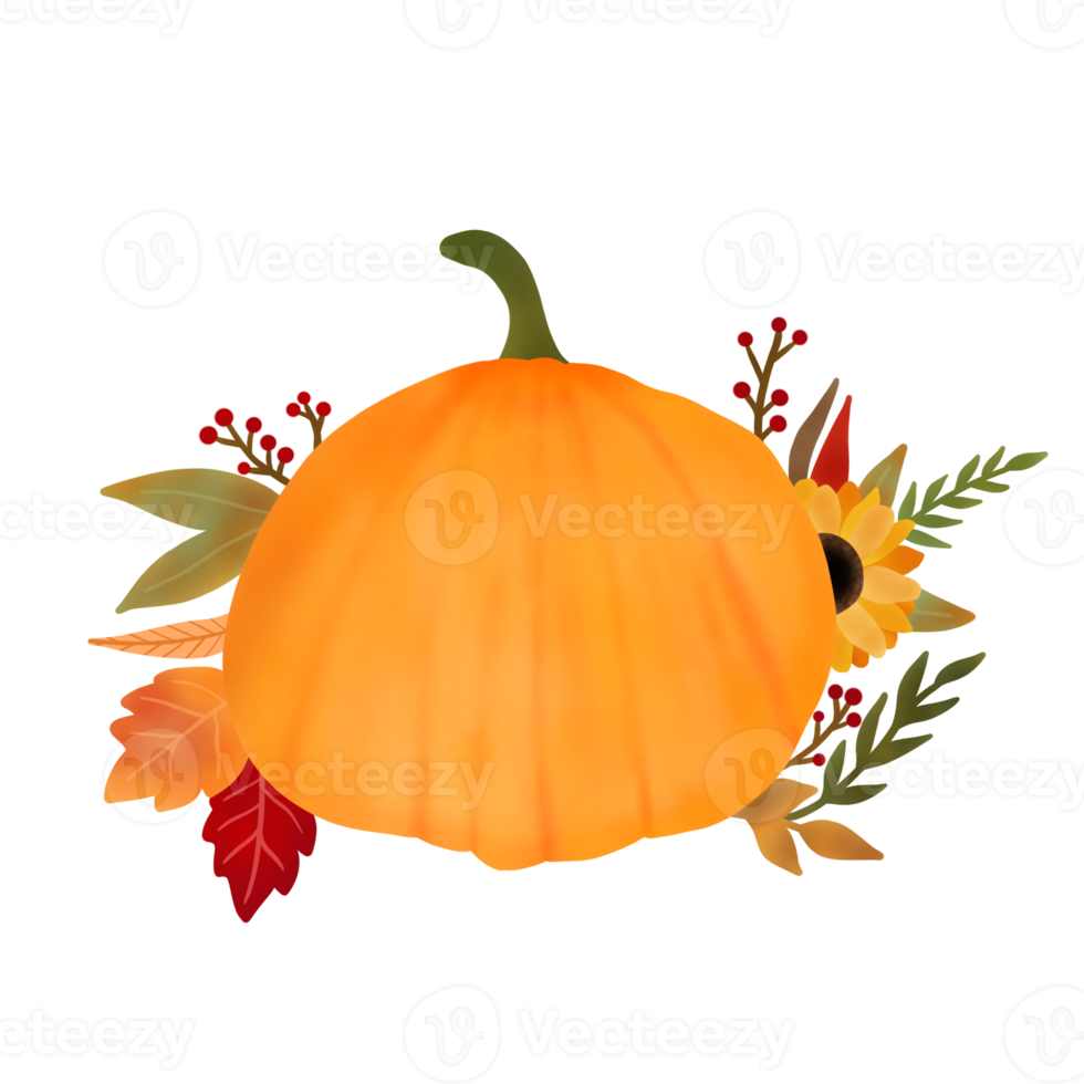 Watercolor pumpkin composition. Pumpkin with leaves isolated on white background. Design for Thanksgiving day,Halloween,greeting cards,poster and etc. png