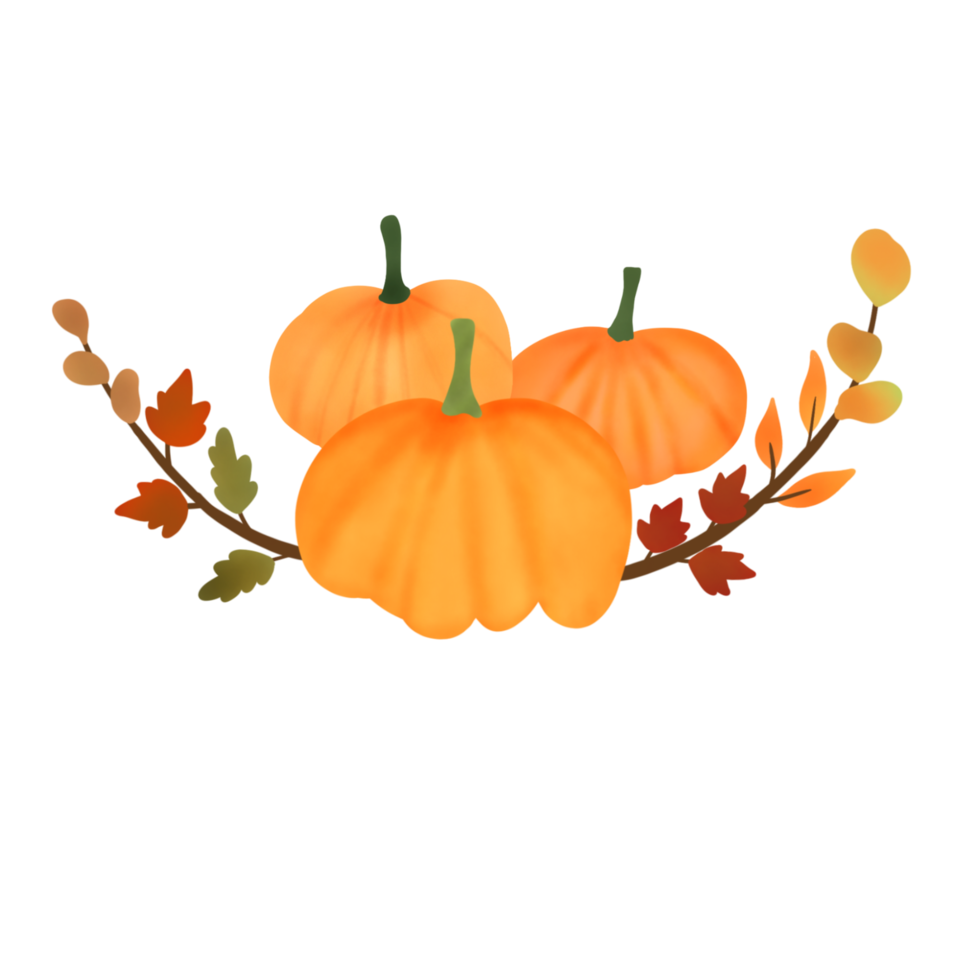 Watercolor pumpkins composition. Pumpkins with leaves isolated on white background. Design for Thanksgiving day,Halloween,greeting cards,poster and etc. png