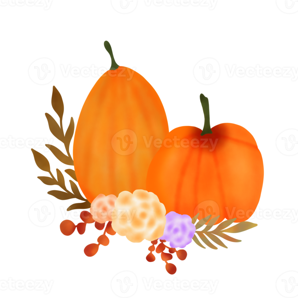 Watercolor pumpkins composition. Pumpkins with leaves isolated on white background. Design for Thanksgiving day,Halloween,greeting cards,poster and etc. png