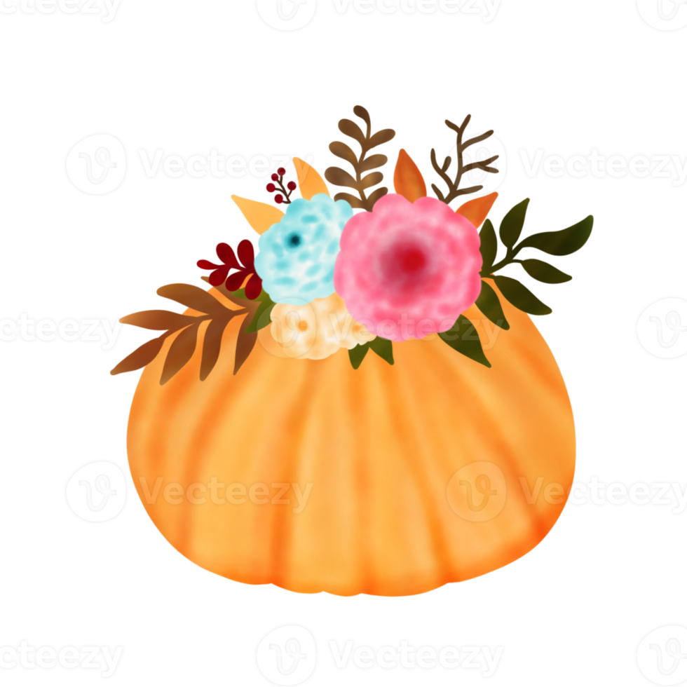 Watercolor pumpkin composition. Pumpkin with leaves isolated on white background. Design for Thanksgiving day,Halloween,greeting cards,poster and etc. png