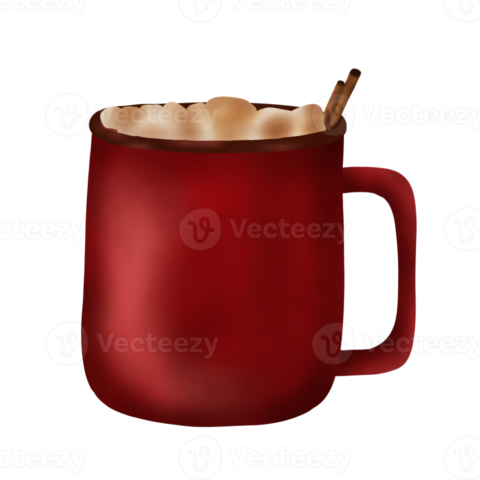 Hand drawn watercolor illustration of hot chocolate with marshmallow and cinnamon in red mug.Christmas element. Beverages. png