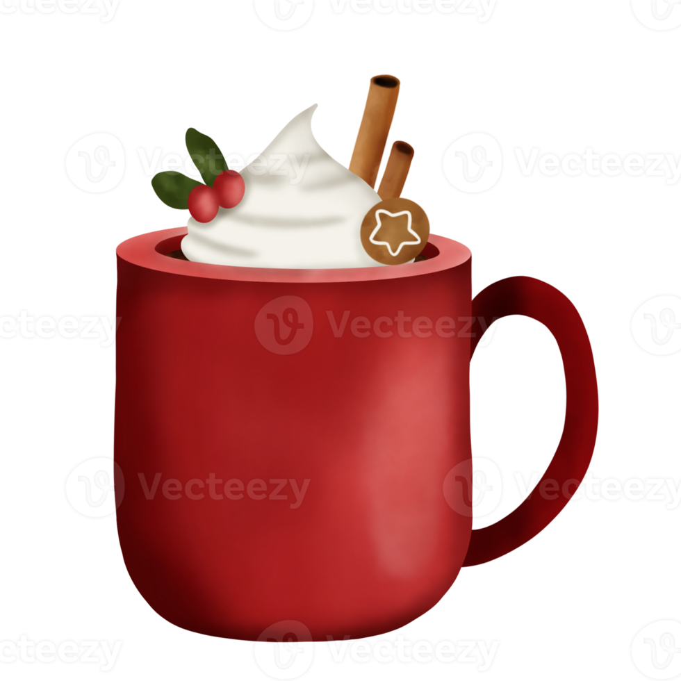 Hand drawn watercolor illustration of hot chocolate with whipped cream,cookie and cinnamon in red mug.Christmas element. Beverages. png