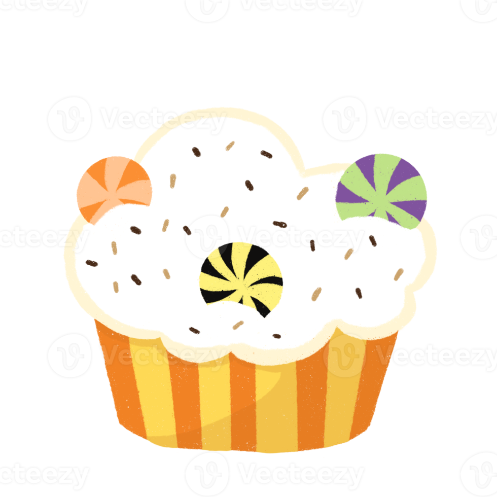 Halloween cupcakes with cream and candy decoration.Cartoon style. Halloween muffin. Illustration.Cupcakes on white background. png