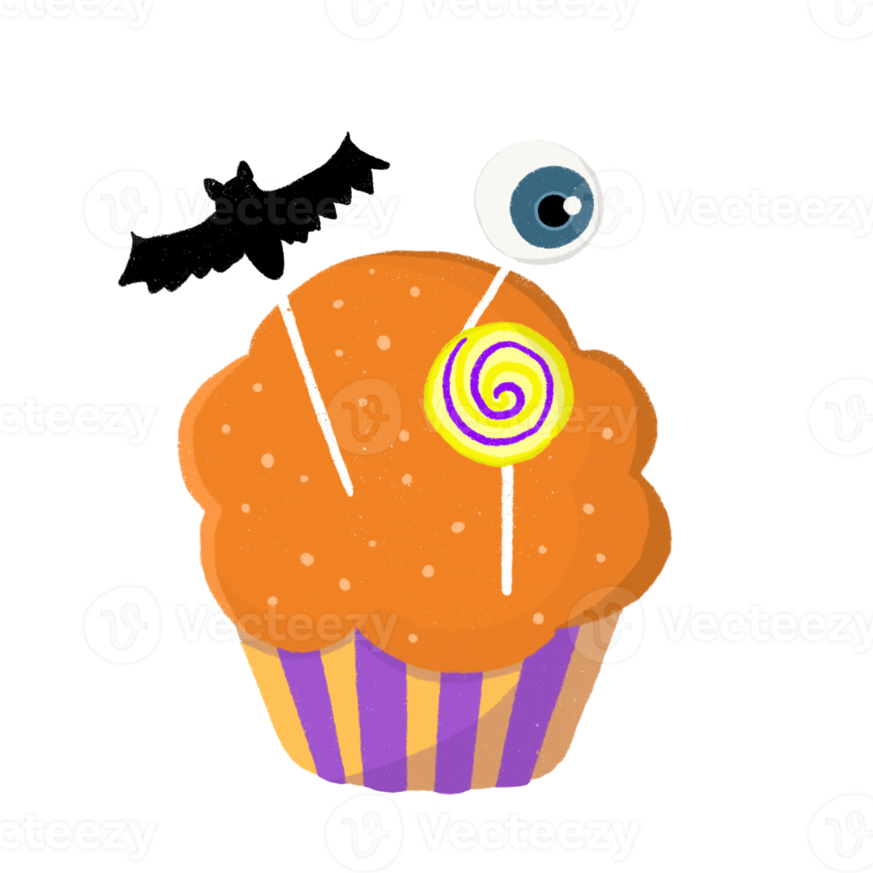 Halloween cupcakes with orange cream,bat,eye ball and candy decoration.Cartoon style. Halloween muffin. Illustration.Cupcakes on white background. png