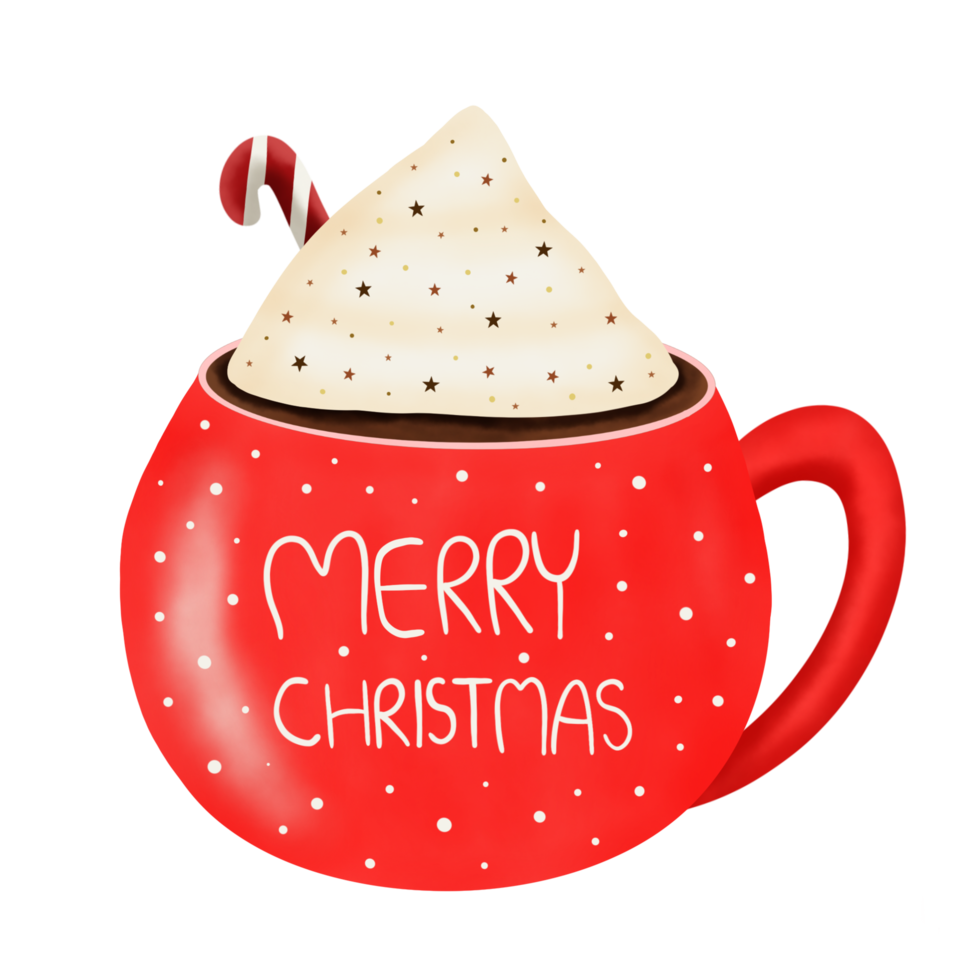 ilustración acuarela dibujada a mano de chocolate caliente con crema y bastón de caramelo en taza roja con adorno de letras navideñas. elemento navideño. bebidas png