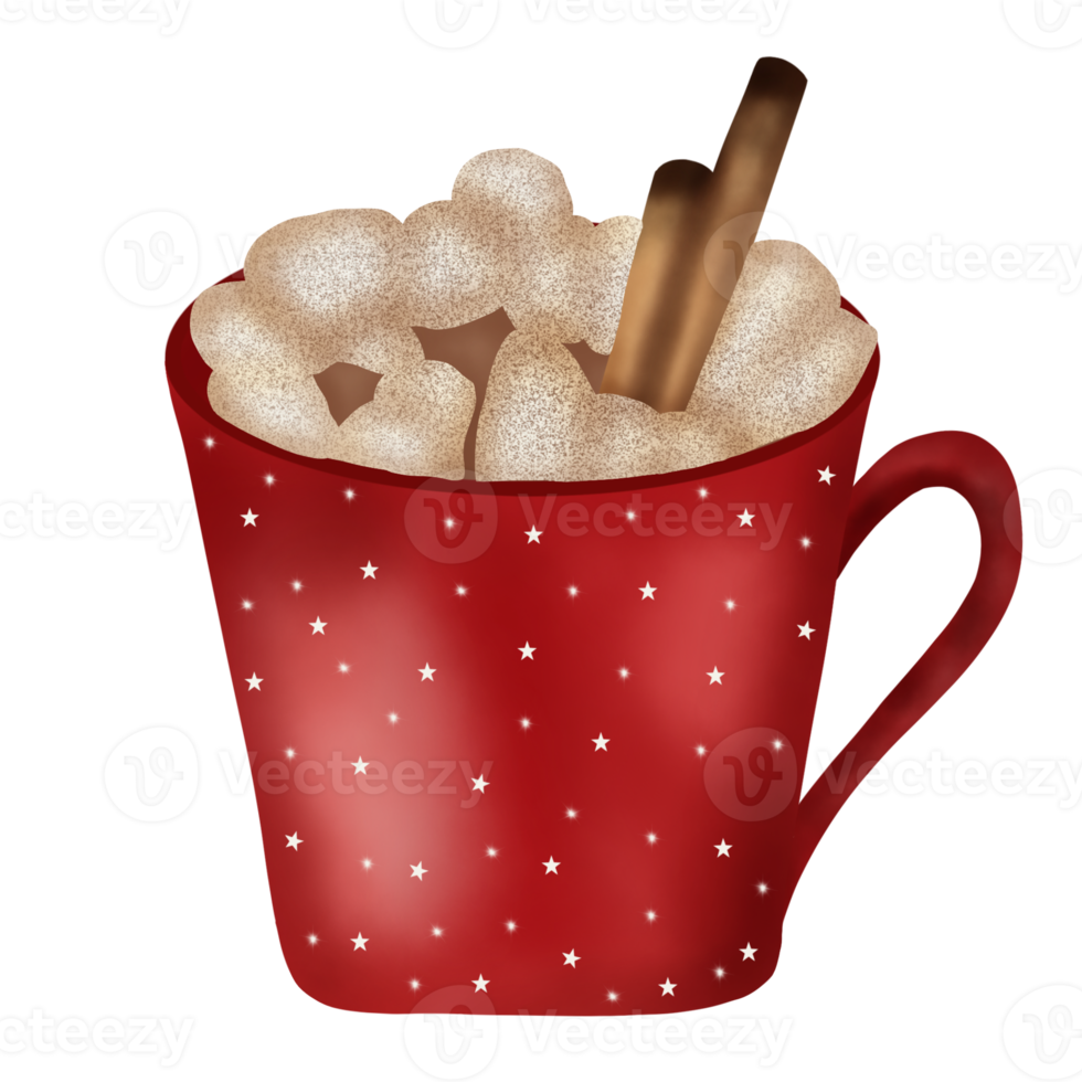 Hand drawn watercolor illustration of hot chocolate with marshmallow and cinnamon in red cup with little star ornament. Christmas element. Beverages. png