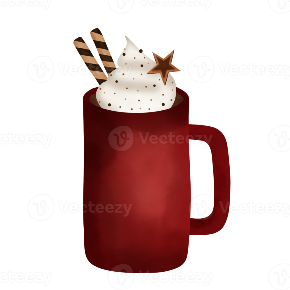 Hand drawn watercolor illustration of hot chocolate with whipped cream and cookie in red mug.Christmas element. Beverages. png