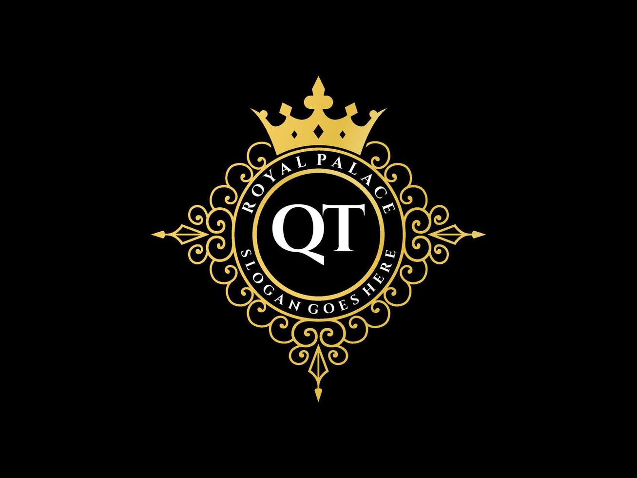 Letter QT Antique royal luxury victorian logo with ornamental frame. vector