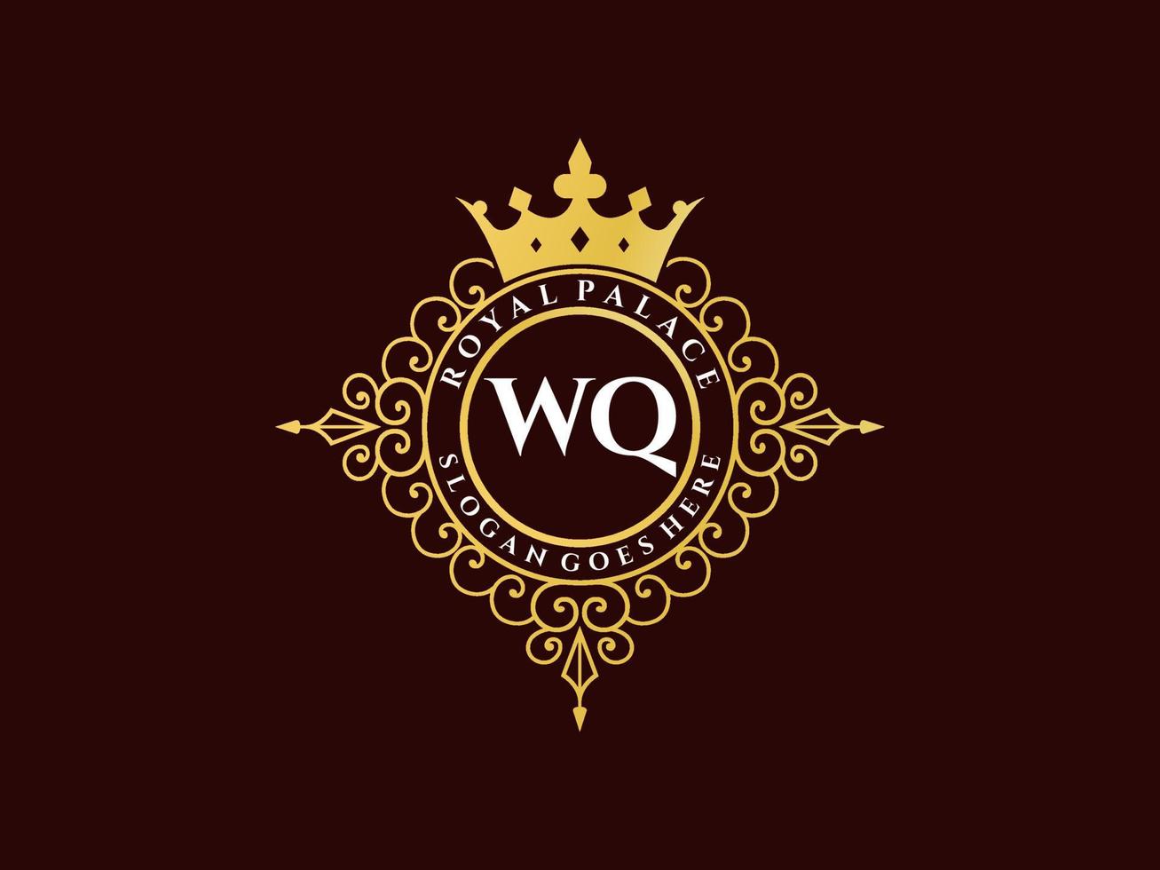 Letter WQ Antique royal luxury victorian logo with ornamental frame. vector