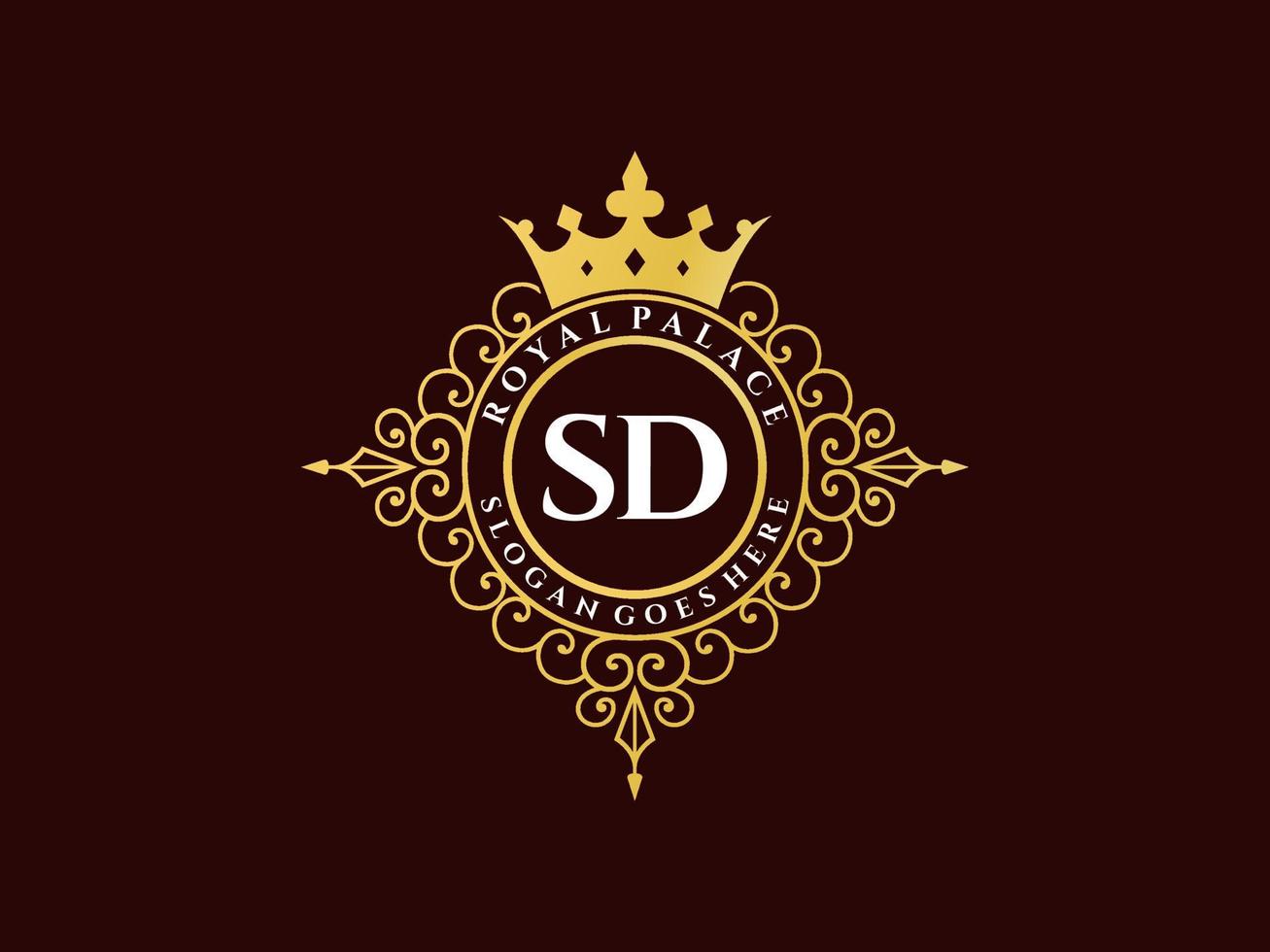 Letter SD Antique royal luxury victorian logo with ornamental frame. vector