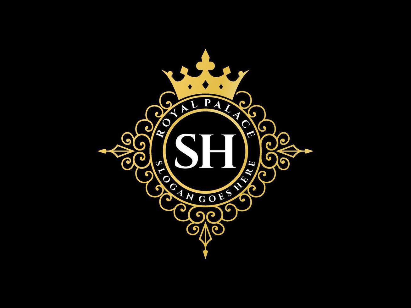 Letter SH Antique royal luxury victorian logo with ornamental frame. vector