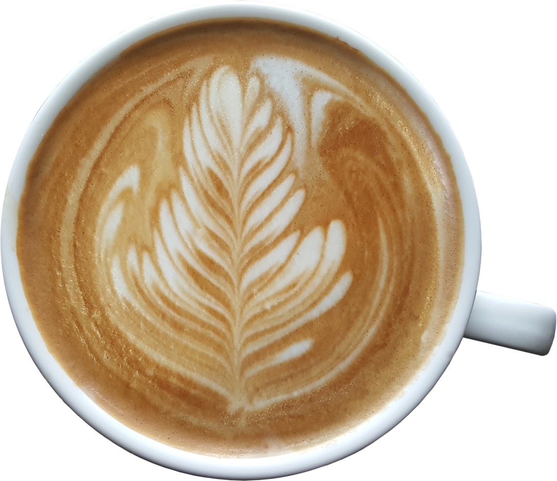 Blick von oben auf eine Tasse Latte Art Kaffee auf Holz Hintergrund. png
