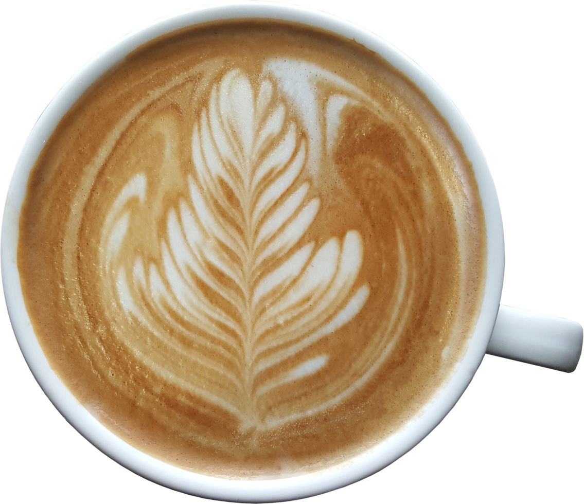 Top view of a mug of latte art coffee on timber background. png