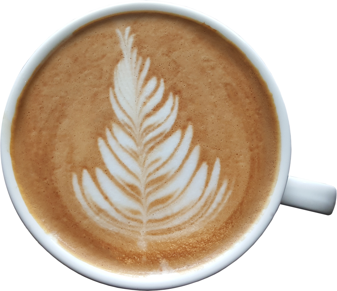 Top view of a mug of latte art coffee on timber background. png