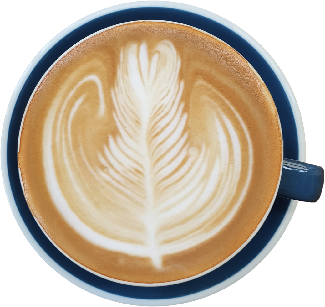 Top view of a mug of latte art coffee on timber background. png