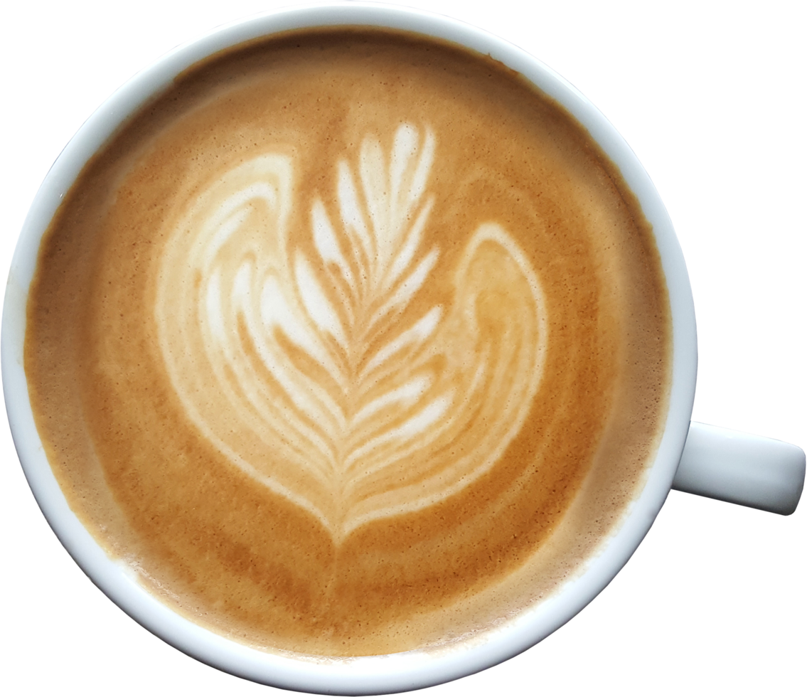 Top view of a mug of latte art coffee on timber background. png