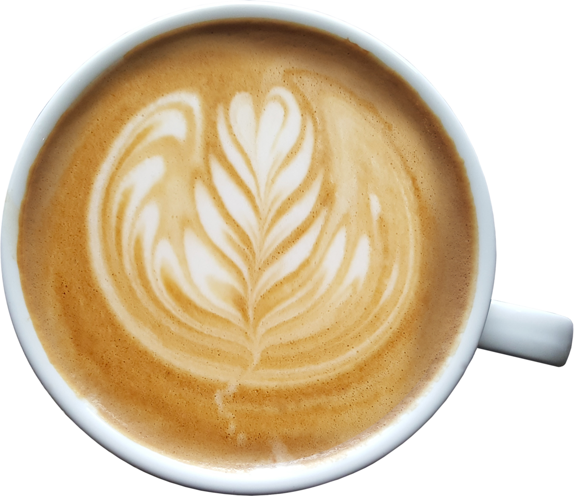 superiore Visualizza di un' boccale di latte macchiato arte caffè su legname sfondo. png