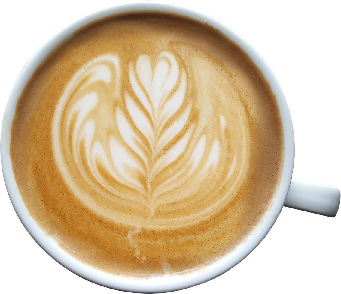 Top view of a mug of latte art coffee on timber background. png