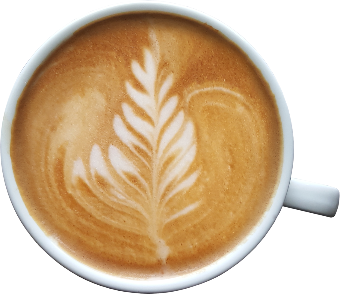 top visie van een mok van latte kunst koffie Aan hout achtergrond. png