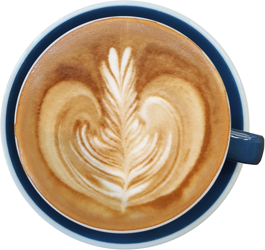 superiore Visualizza di un' boccale di latte macchiato arte caffè su legname sfondo. png