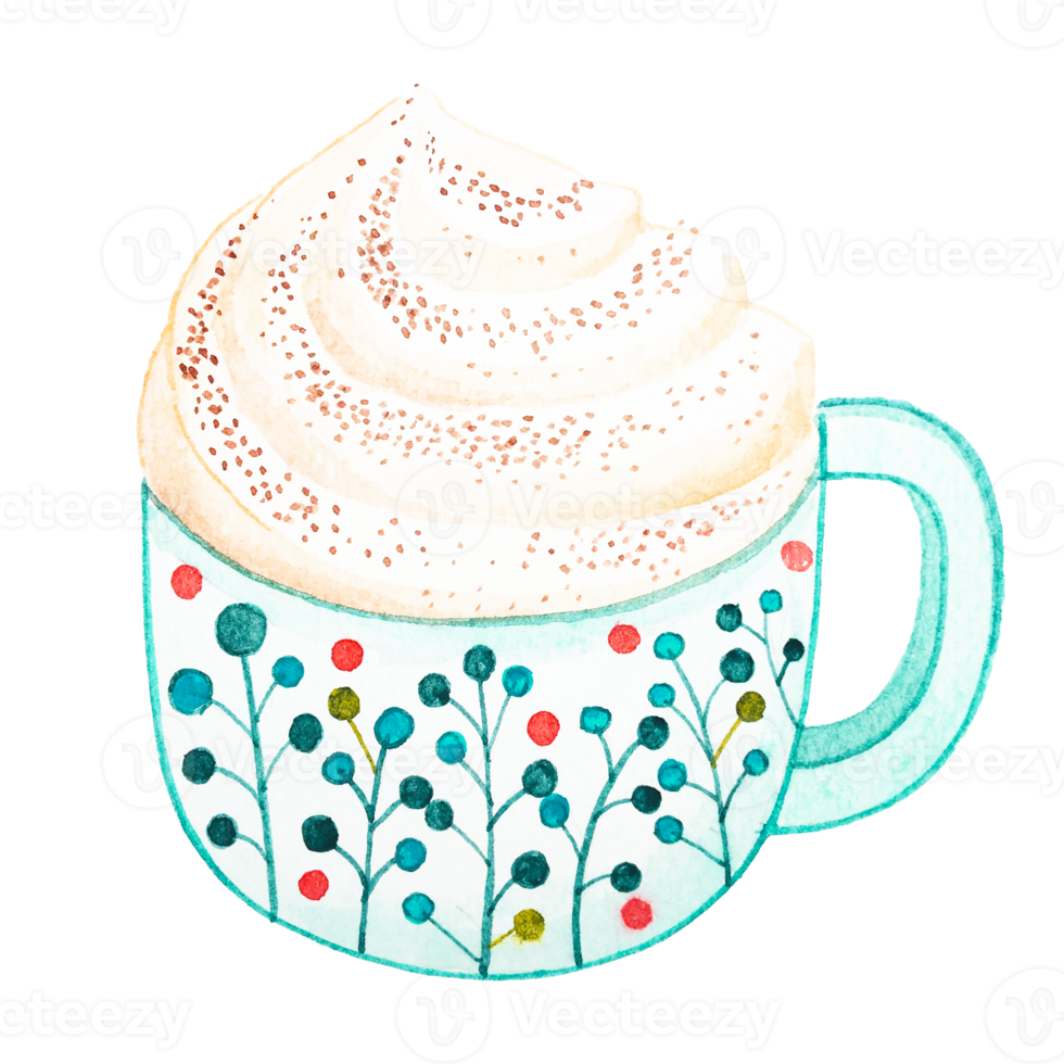 Watercolor hot coffee whipped cream png