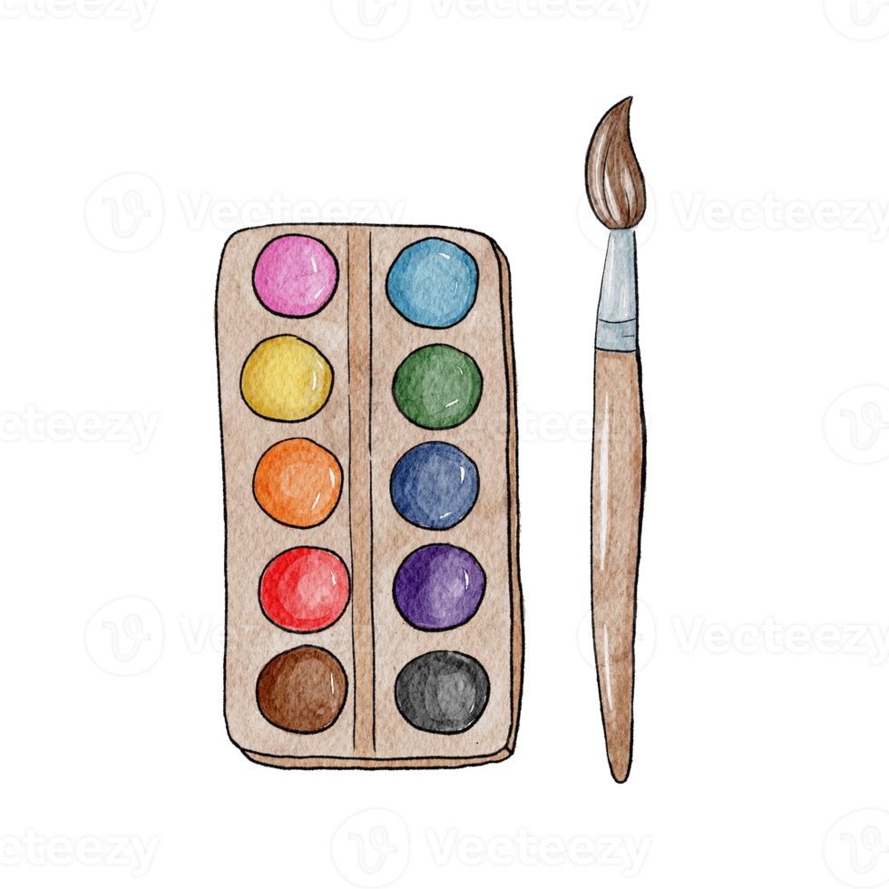 Watercolor illustration school supplies coloring set png