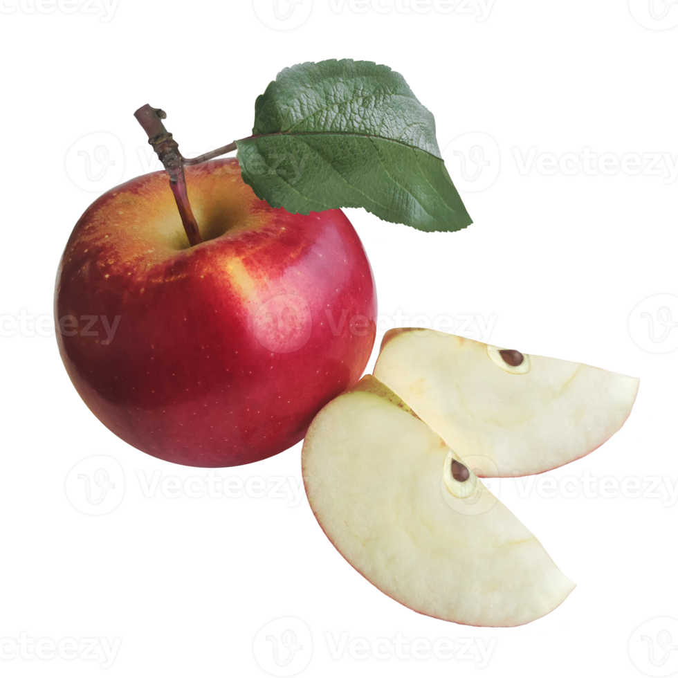 Image of an apple with a green leaf and slices. png