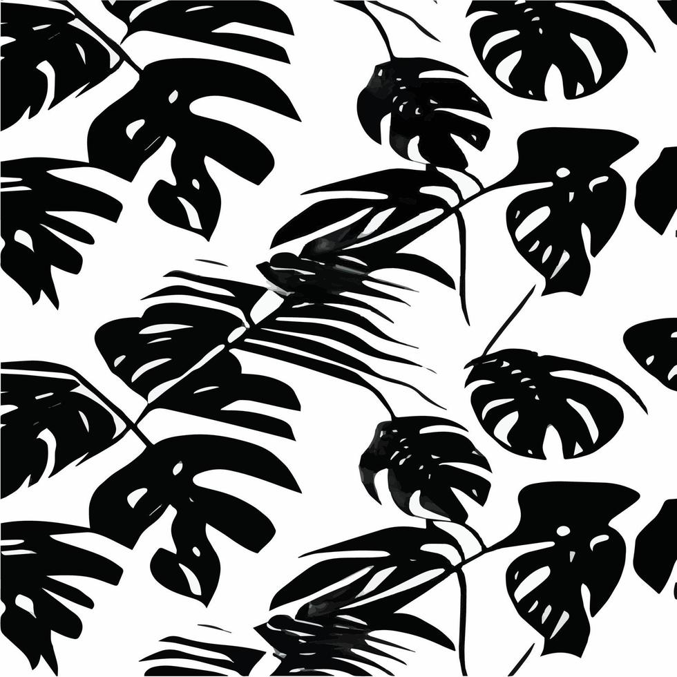 Exotic leaves seamless pattern in black and white. Stylish abstract vector decorative background. Tropical palm leaves, jungle leaf seamless vector floral pattern. Grunge tropical style wallpaper.