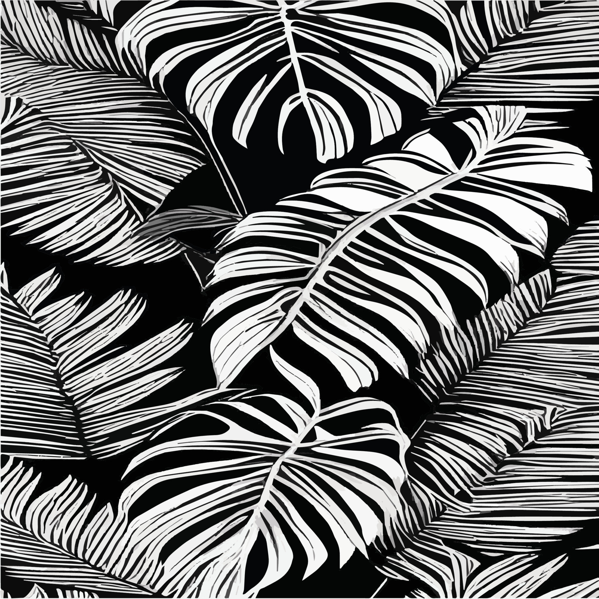 Exotic leaves seamless pattern in black and white. Stylish abstract
