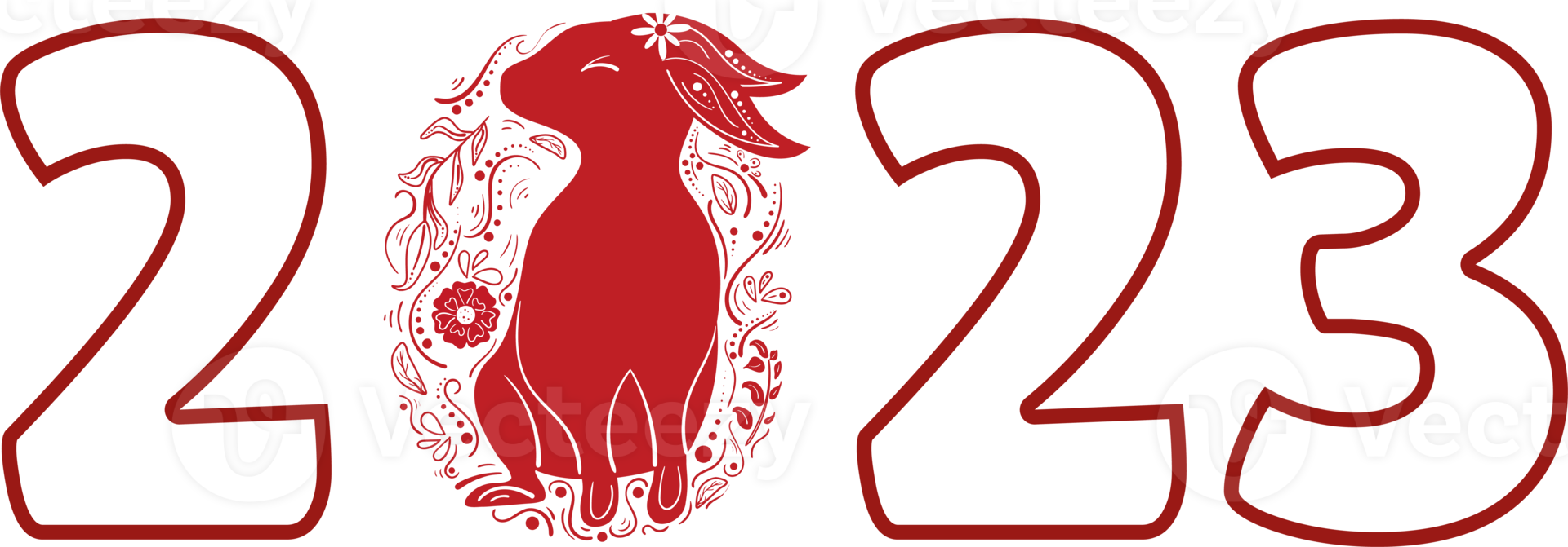 ano novo de contorno chinês 2023 numérico. coelho vermelho do zodíaco com ornamento floral png