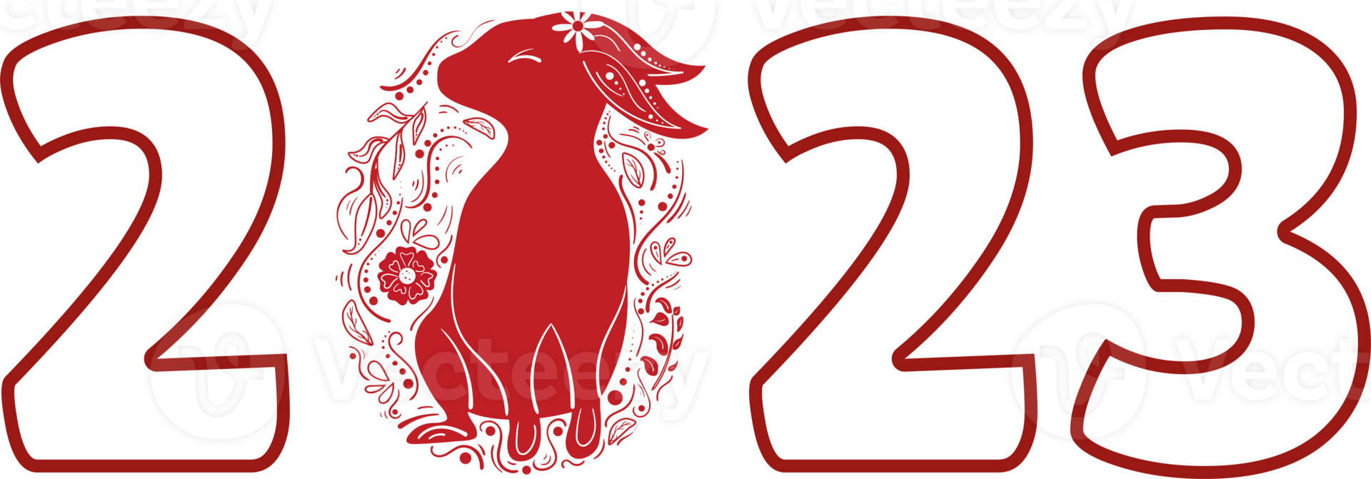 Chinese 2023 Contour New Year Numeric. Zodiac Red Rabbit with Floral Ornament png